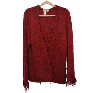 Coldwater Creek Women's Sz 1X Red Open Front Nubby Cardigan Sweater Fringe Boho